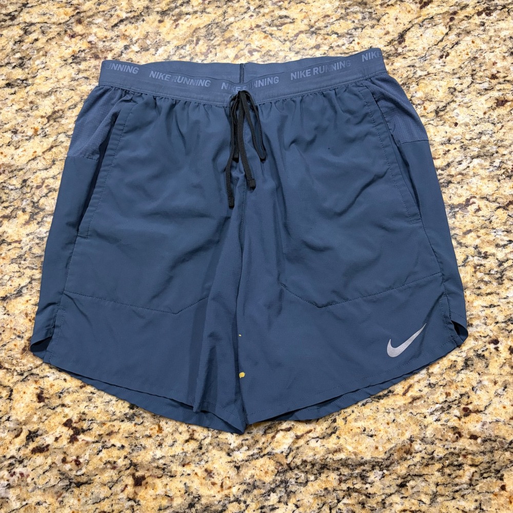 Nike Stride Dri-FIT Running Shorts Blue Grey Small Reflective Zipper Pocket